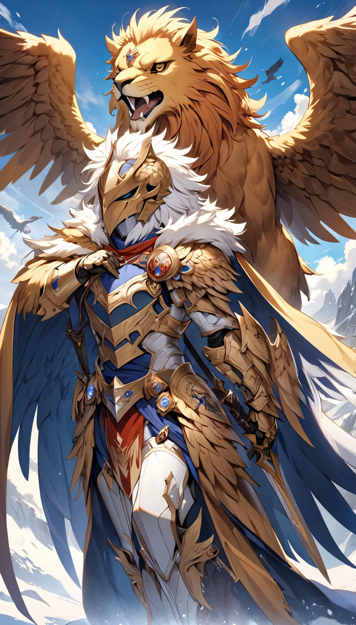 Fantastic mythical fantasy, Holy Knight, Eagle-head helmet, Lion mane decoration, A cloak woven from lion fur, Eagle wings growing from his body, An absurd mistake, Griffon&#39;s Protection, BREAK Create a character that is an aesthetic fusion with Griffin, Granting Divine Charm, Transparency that maintains originality, Dynamic combat motions, Soft Focus, Sharp animation