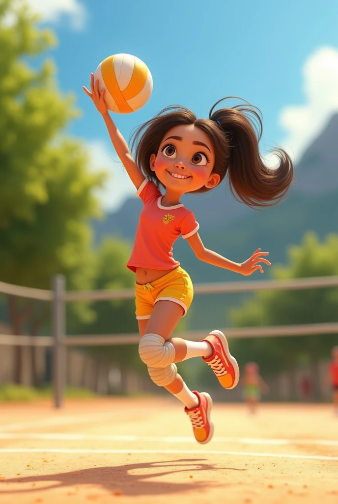 Pixar style animated girl playing volleyball