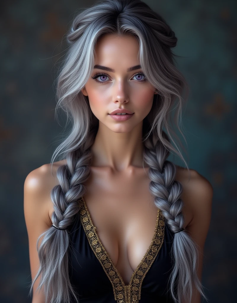 Create a virtual youtuber image, with long gray hair, braided, purple eyes, in a black dress with a low neckline and gold details, centered, symmetry, colored, difficult, Volumetric lighting, Beautiful, A masterpiece with rich, deep colours, Sharp Focus, Ultra detailed, in the style of Dan Mumford and Mark Simonetti, astrophotgraphy