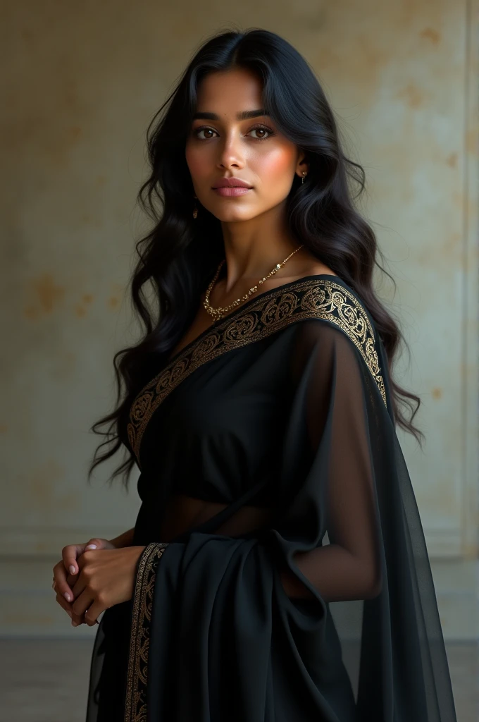 Indian girl with fair skin tone , wearing black saree in aesthetic pose