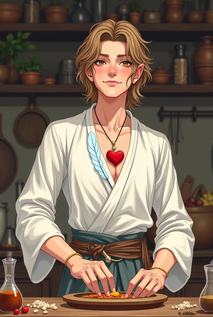 a young half-elf man with delicate, feminine features and shoulder-length light brown hair wearing white medieval silk clothing with a symbol of a light blue feather over a red heart drawn on the clothing at chest height, cozinhando.
anime style