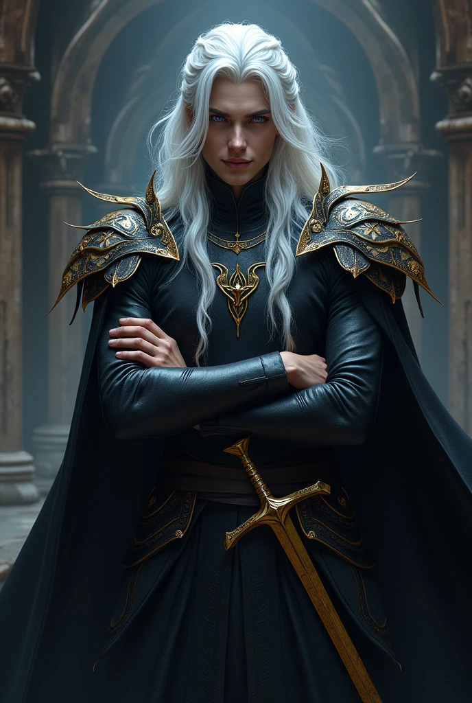 Create a powerful and beautiful prince of hell with lilac eyes and long white hair with some braids, Put dark armor on him and shoulder pads in the shape of leaves that fall over his arms and a black cape and a golden sword on his hip.. That he is leaning against a wall, crossing his arms and has a captivating smile..