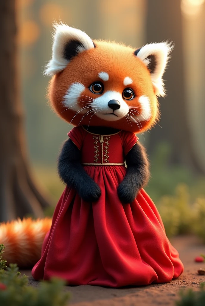 A red panda in a red dress (realistic 3D)