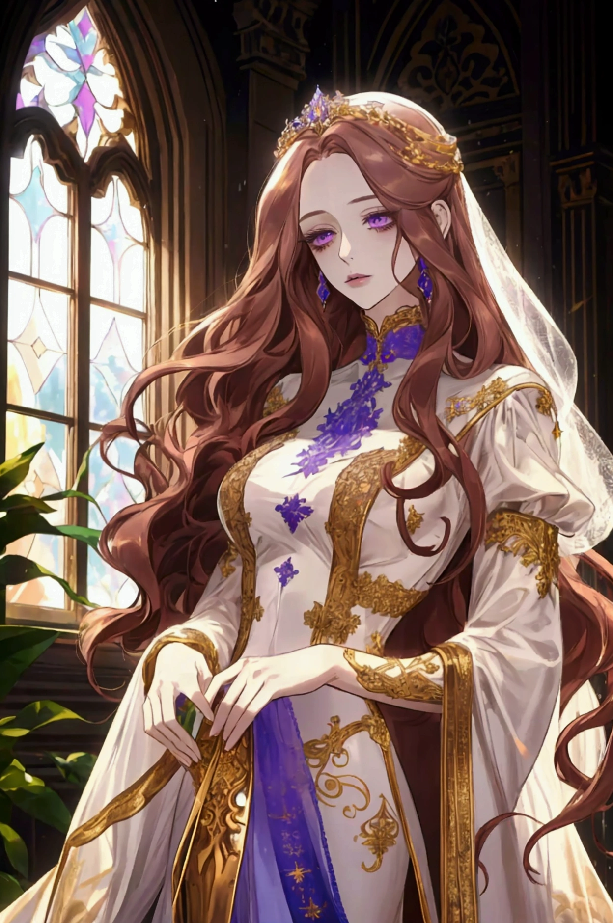 beautiful woman adult, serene, long curly hair, chestnut hair, violet eyes, pale white skin, blue-white empress dress detailed, indoors, cold lighting, plants in background, windows with sunlight, Imperial, castle marble, gold detailed, white room marble, standing, intricate details, cold colors
