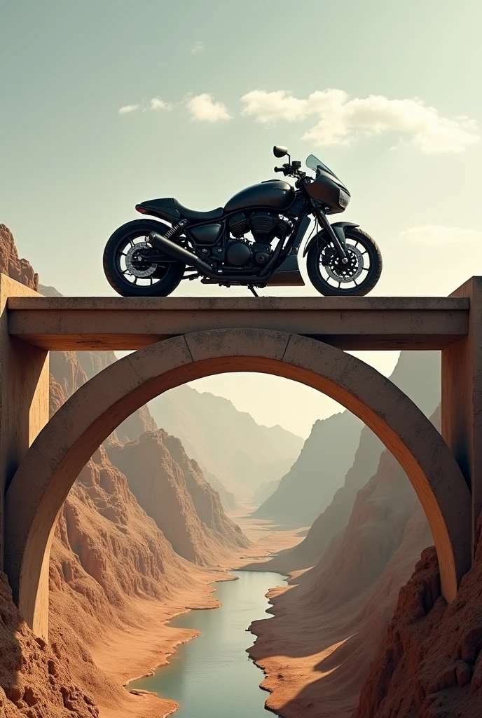 Black motorcycle on top of a bridge over a river without water