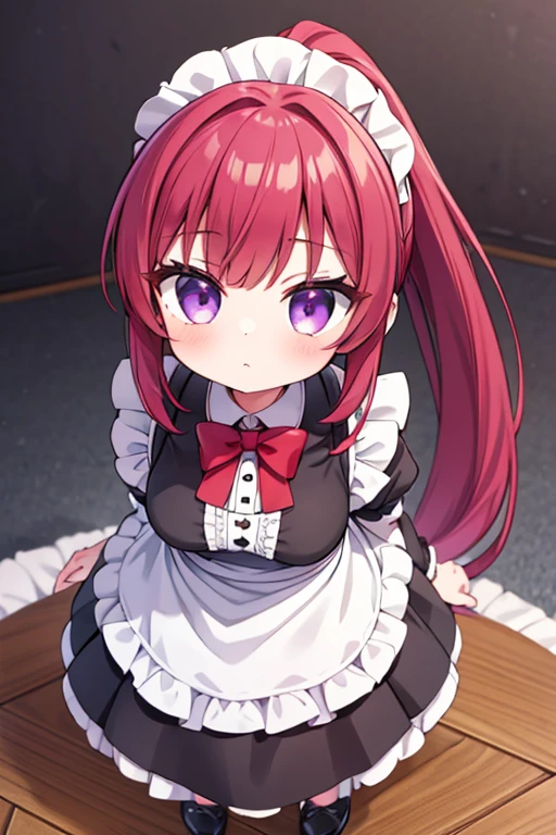 masterpiece,(Highest quality, figure,Detailed face:1.3),(One girl,alone:1.3),Beautiful attention to detail,  apron, Slope_background, Slope, maid, Purple eyes,red hair,Small breasts,, break, enmaided, white_apron, black_dress, ponytail, black_footwear, frills_apron, dress, maid_apron, Alternative_hair,very long hair, Split_ponytail, Hello 