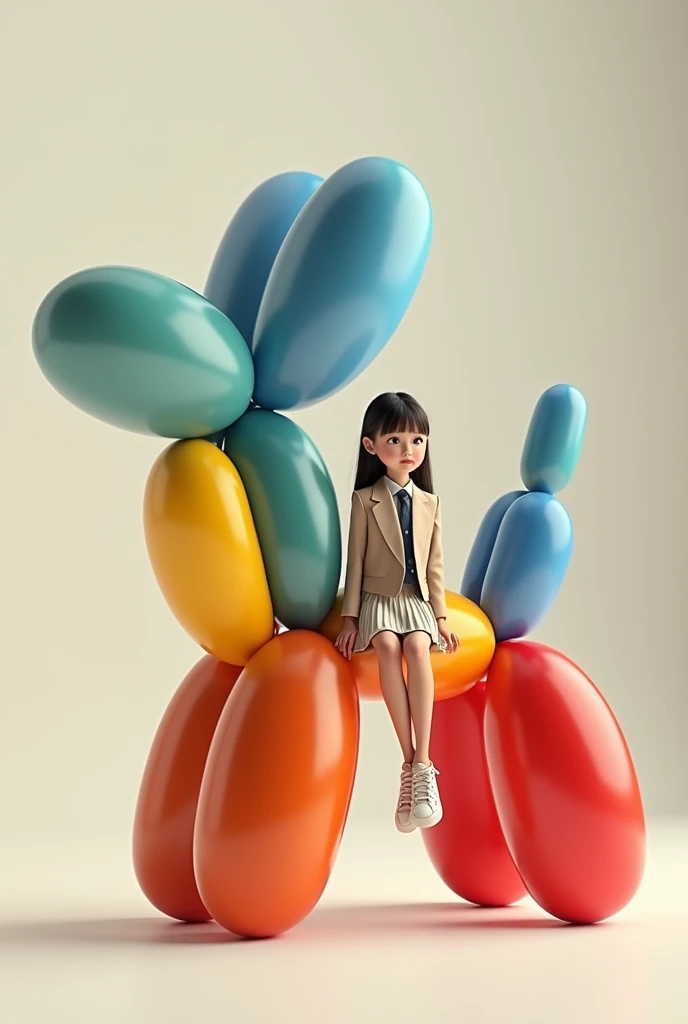 Girl in blazer skirt and sneakers sitting on the side of a balloon dog