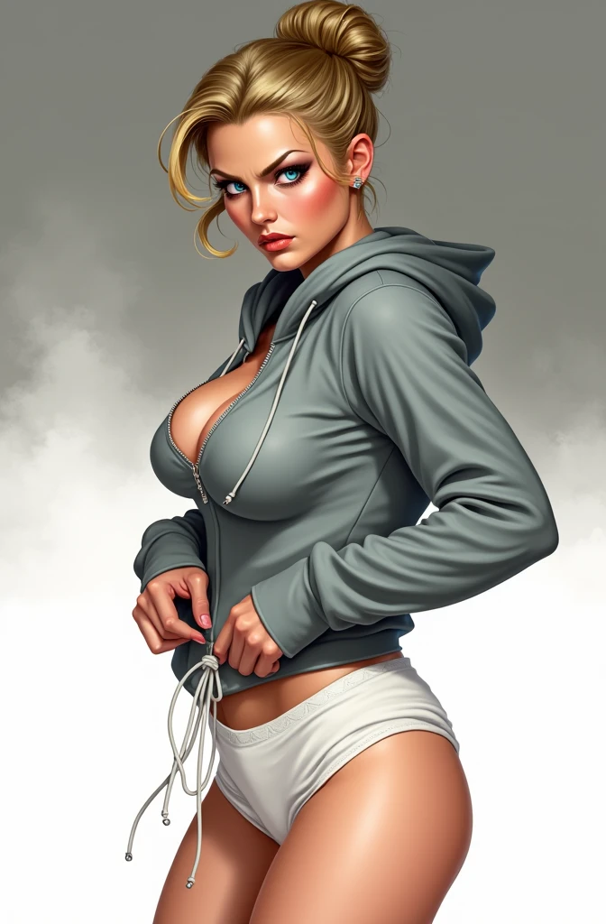 (masterpiece, best quality)), ((((perfect anatomy)))), Caucasian woman with tied blonde hair-bun, dark eye-shadow, downward curved nose, vibrant blue eyes, grey hoodie, tugging at (((white high cut cotton panties))), big hips, angry expression, walking around soldier barracks, ((((realistic art style, 50's pinup art))))