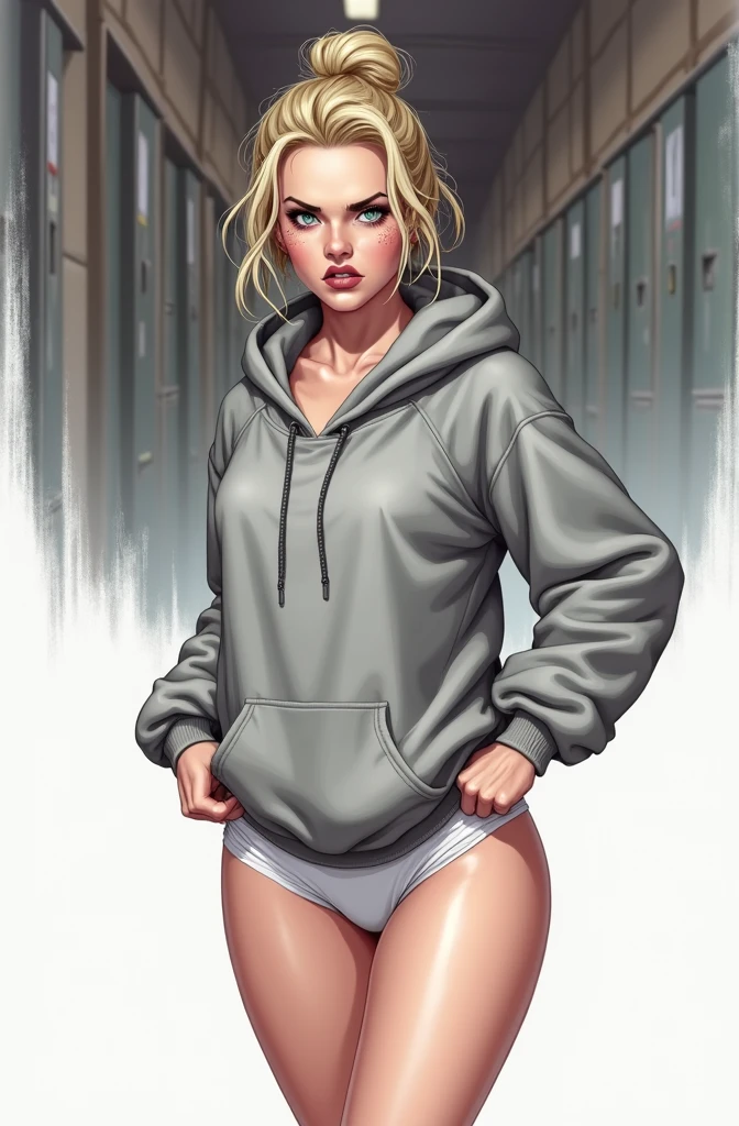 (masterpiece, best quality)), ((((perfect anatomy)))), Caucasian woman with tied blonde hair-bun, dark eye-shadow, downward curved nose, vibrant blue eyes, grey hoodie, tugging at (((white high cut cotton panties))), big hips, angry expression, walking around soldier barracks, ((((realistic art style, 50's pinup art))))