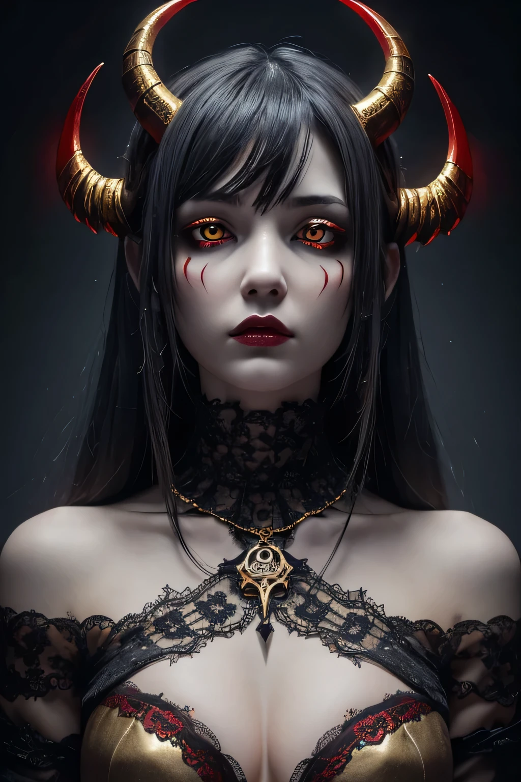 wide angle horror digital illustration, (Demonic female character with dark grey face:1.3), Symmetrical composition Large breasts, cracked stone texture, Golden veins, (luminescent red eyes:1.3), Multiple twisted horns, Intricate details in metallic gold , (Golden veins on neck and shoulders:1.2), Gothic architectural background, Blue light in the top center, (sinister atmosphere:1.2), deep-shadows, Highlighted facial features, sinister expression, Realistic digital artwork, Fantastic influence, weirdcore, disturbing , tenebrosa, apavorante, suspense, grim, highy detailed,