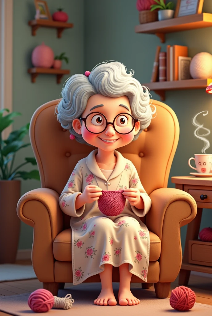 Grandma in cartoon form sitting in armchair crocheting