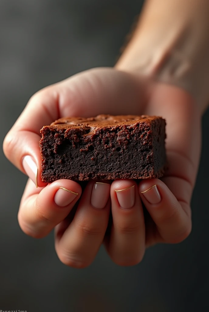 Generate a hand holding a brownie but make it look super realistic