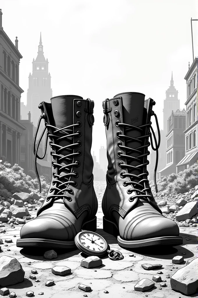 Spawns pair of leather boots in foreground, black and white comic style, with lines and precise, repetitive shapes and patterns, with influences of science fiction and horror, and a detailed and symmetrical composition". in a post-apocalyptic western scene. The boots are covered in dust and mud and have wires and pipes sticking out of them.. Next to the boots, There is a broken pocket watch . At the bottom, You see a city in ruins with collapsed buildings and rubble everywhere. on the horizon, Shadowy figures are seen approaching