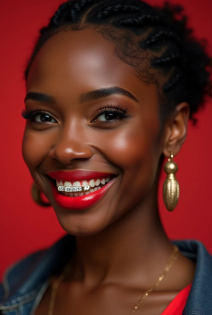 black woman with smile and mouth with red lipstick teeth with grillz written "LAB DELAXX"
