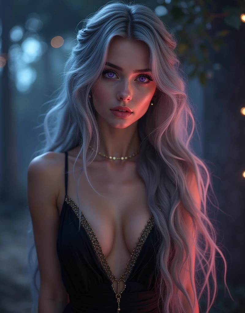 Create a virtual youtuber image, with long gray hair, braided, purple eyes, in a black dress with a low neckline and gold details, centered, symmetry, colored, difficult, Volumetric lighting, Beautiful, A masterpiece with rich, deep colours, Sharp Focus, Ultra detailed, in the style of Dan Mumford and Mark Simonetti, astrophotgraphy