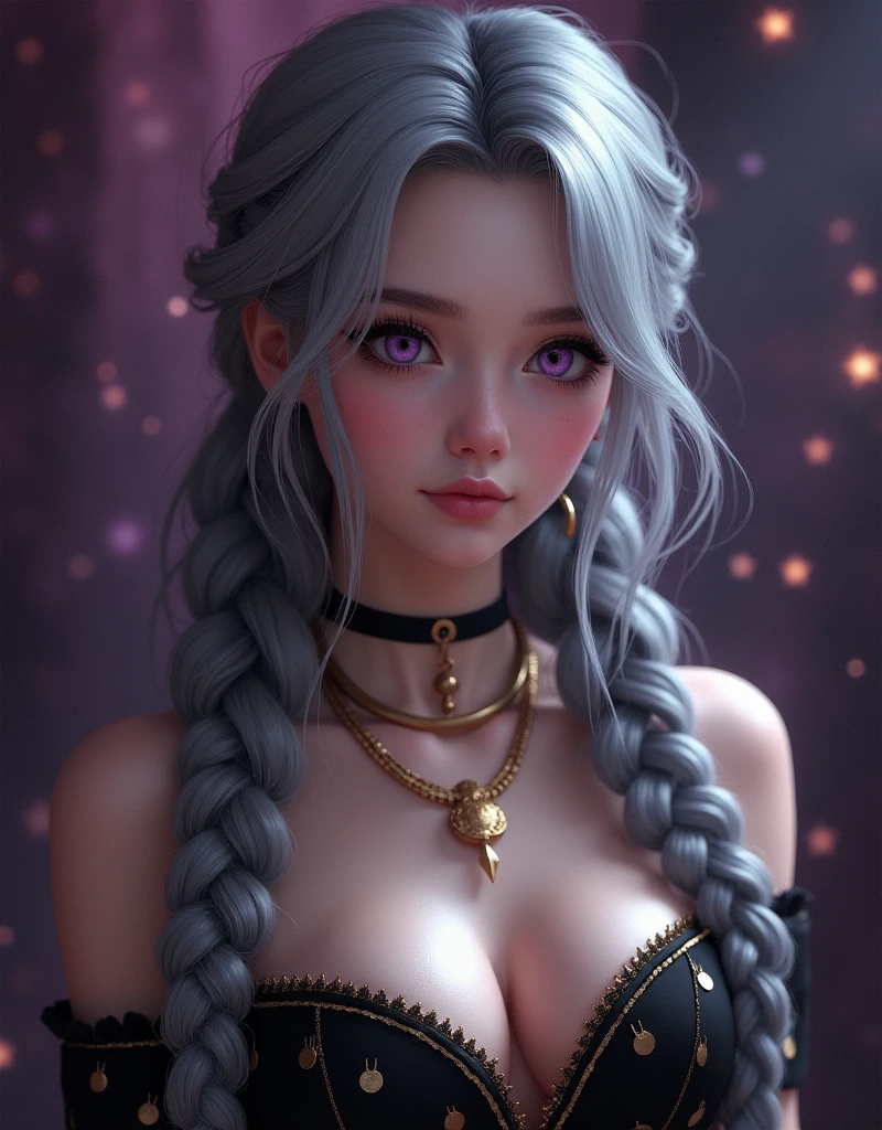 Create a virtual youtuber image, with long gray hair, braided, purple eyes, in a black dress with a low neckline and gold details, centered, symmetry, colored, difficult, Volumetric lighting, Beautiful, A masterpiece with rich, deep colours, Sharp Focus, Ultra detailed, in the style of Dan Mumford and Mark Simonetti, astrophotgraphy