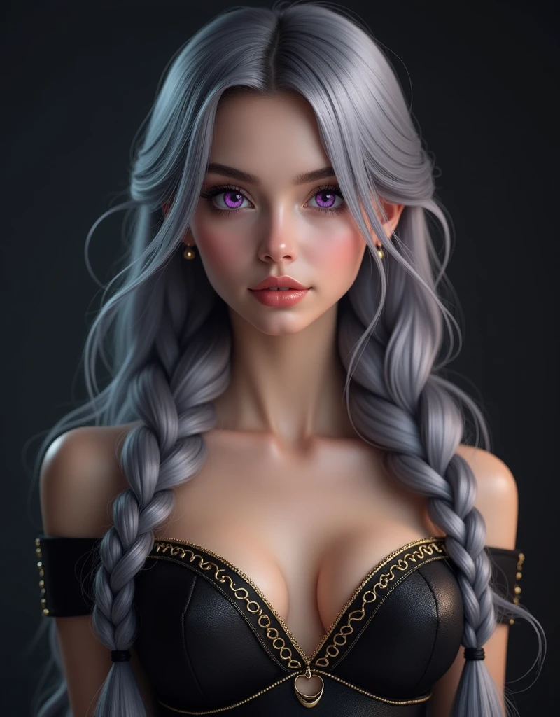 Create a virtual youtuber image, with long gray hair, braided, purple eyes, in a black dress with a low neckline and gold details, centered, symmetry, colored, difficult, Volumetric lighting, Beautiful, A masterpiece with rich, deep colours, Sharp Focus, Ultra detailed, in the style of Dan Mumford and Mark Simonetti, astrophotgraphy