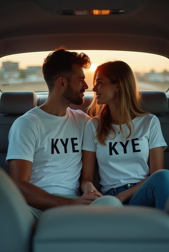 Create a couple with initial kye t-shirts in a gray car