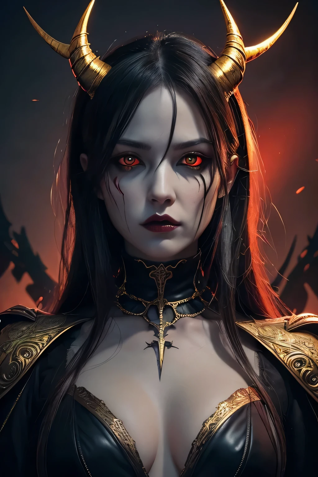 wide angle horror digital illustration, (Demonic female character with dark grey face:1.3), Symmetrical composition Large breasts, cracked stone texture, Golden veins, (luminescent red eyes:1.3), Multiple twisted horns, Intricate details in metallic gold , (Golden veins on neck and shoulders:1.2), Gothic architectural background, Blue light in the top center, (sinister atmosphere:1.2), deep-shadows, Highlighted facial features, sinister expression, Realistic digital artwork, Fantastic influence, weirdcore, disturbing , tenebrosa, apavorante, suspense, grim, highy detailed,