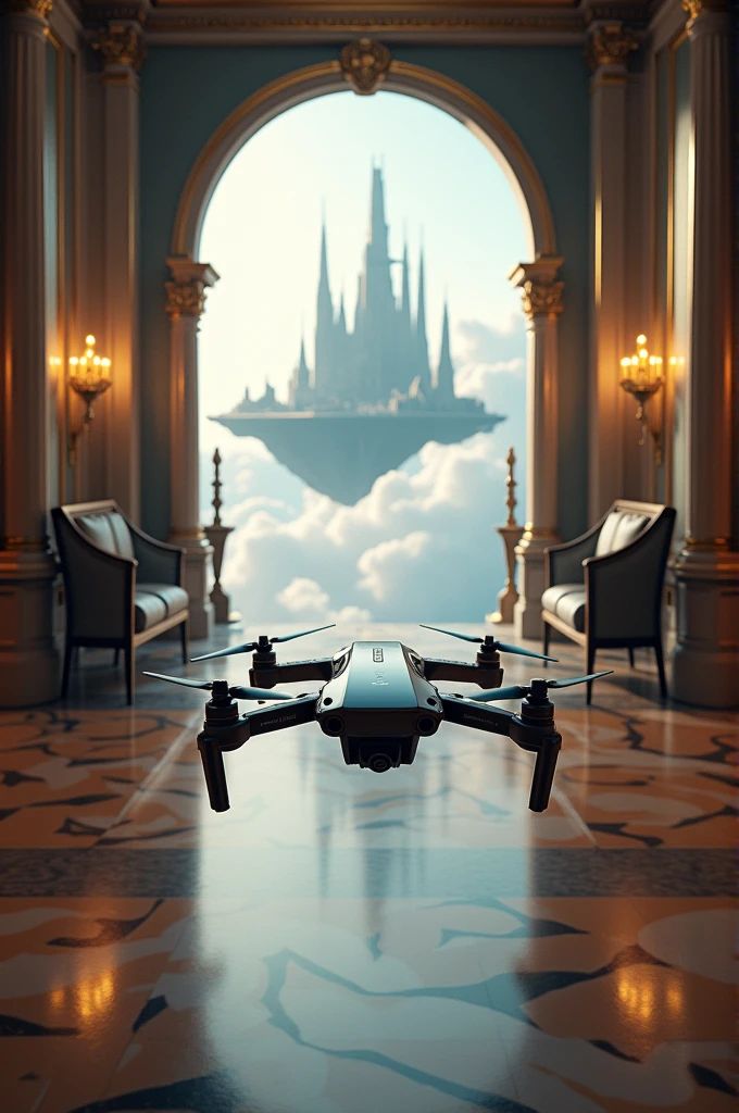 Fast-paced FPV drone flight inside a luxurious mansion that leads to a city in the clouds