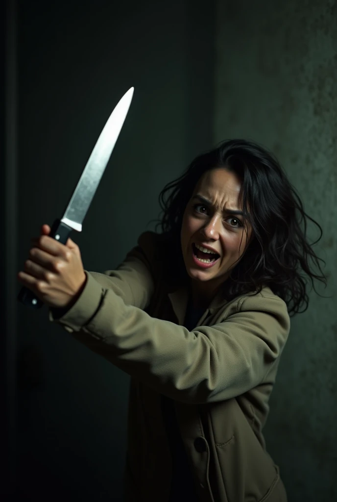 Make a knife almost catch behind the woman