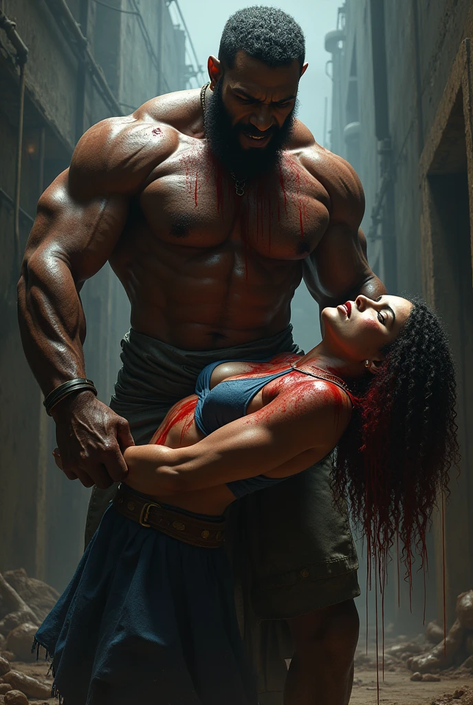 An African built up man holding a woman's head with blood dripping