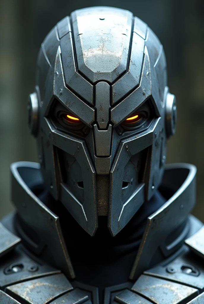 Victor von Doom's helmet is an intimidating metallic piece that completely covers his head., with a silver surface and angular details. It has narrow eye openings, that seem to shine sinisterly. The helmet symbolizes both Doom's protection and identity., reflecting your intelligence, Frieza, and separation from humanity.