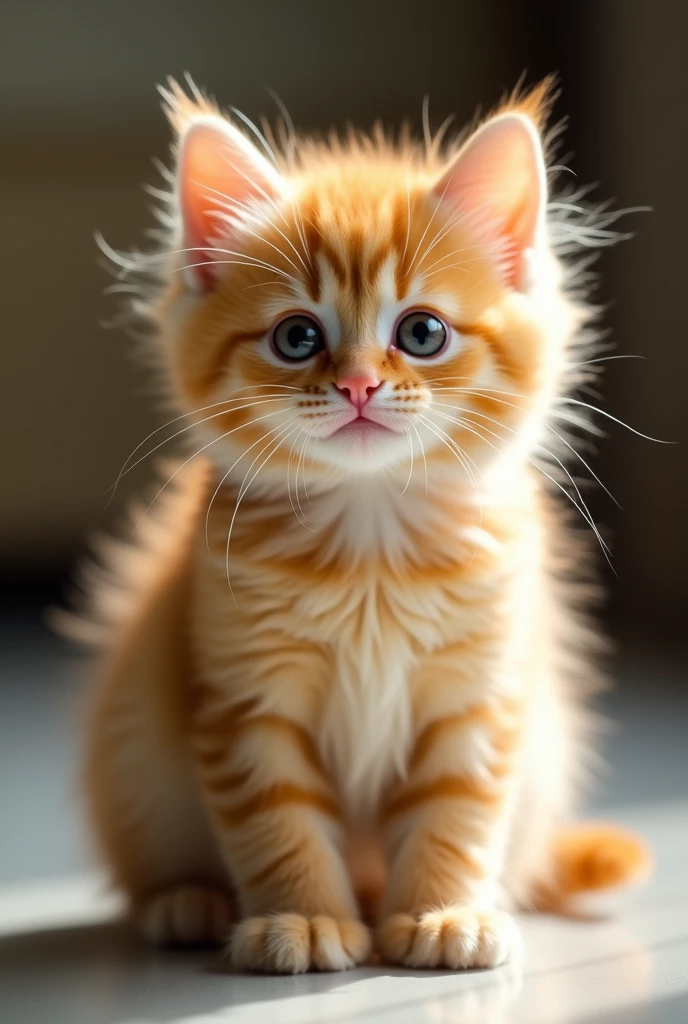 The image shows a yellow baby kitten in high resolution, accurately captured by a professional camera. The kitten has soft, fluffy fur in a vibrant golden yellow color., which stands out very clearly in the image. His eyes are big and round, with an innocent glow that reflects curiosity and tenderness. The texture of their fur is shown in minute detail., Each strand of hair delicately defined. The ears are small and pointed., adding a touch of cuteness to the kitten. Their legs are small and rounded., and the kitten is in a natural and relaxed posture. The background of the image is subtle and out of focus, keeping the focus on the kitten, highlighting its sweetness and youth. The lighting is soft and well distributed, accentuating the features of the small feline without creating harsh shadows.