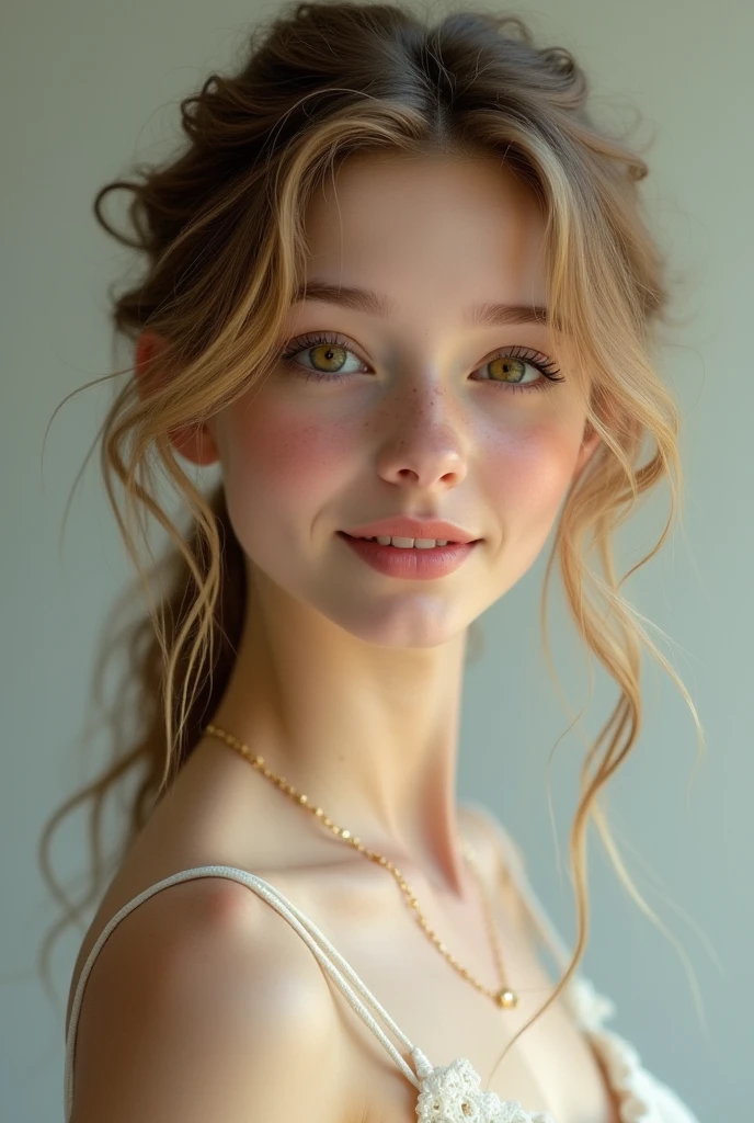 Girl, blond brown hair, brown eyes, white skin, thin arms and legs, small smile, white thees, naked