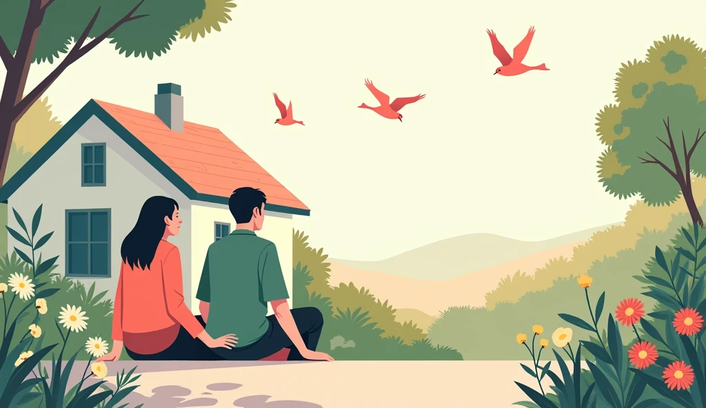 ((minimalism line style, lineart, line art), Illustration, simple art, vector art, flat style, figma, (man and woman sitting, view from the outside of the house, view from the street, flowers around, birds flying, bright colors)
