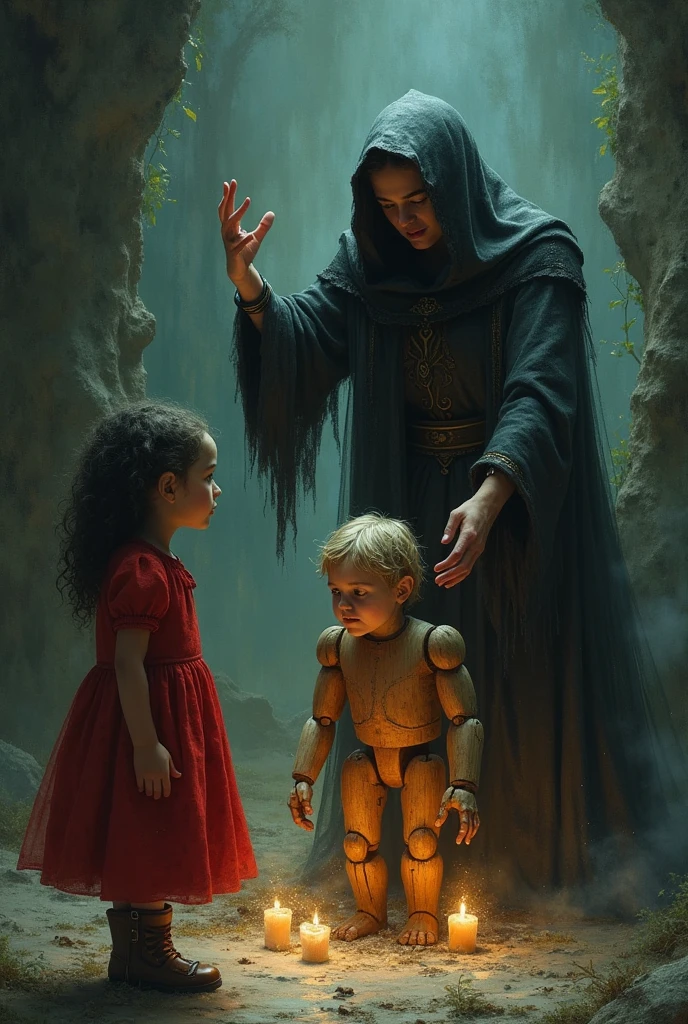 Girl in red dress watches as witch casts a spell on a child turning him into a wooden doll.