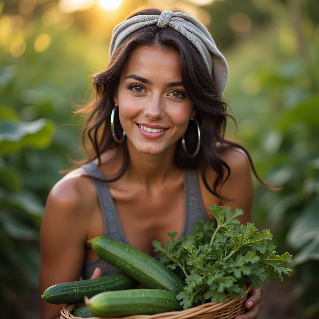 beautiful italian female model, olive skin tone, summer day, wearing a bandana on her head, two strands of hair falling in front of her face, wearing a skin tight summer gray dress, silver hoop earrings, light makeup, looking at camera, holding a basket of vegetables, golden hour, picking a cucumber from the garden, smiling, luscious lips, 4K photography