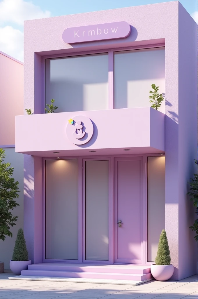 Facade of a maternity clinic in lilac color, bem clean, with a sign with a drawing of a pregnant woman 