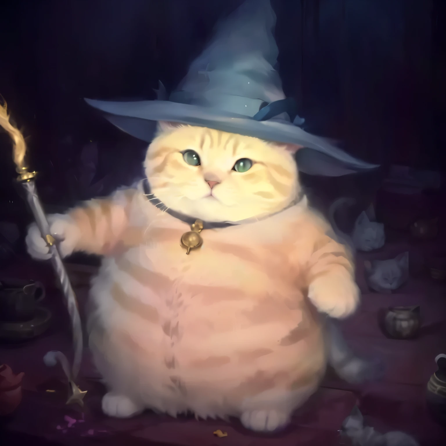 Pot-bellied cat sorcerer with a wand in his hand to cast spells, realistic cat wizard, yellow cat without clothes, cat with a magician&#39;s hat