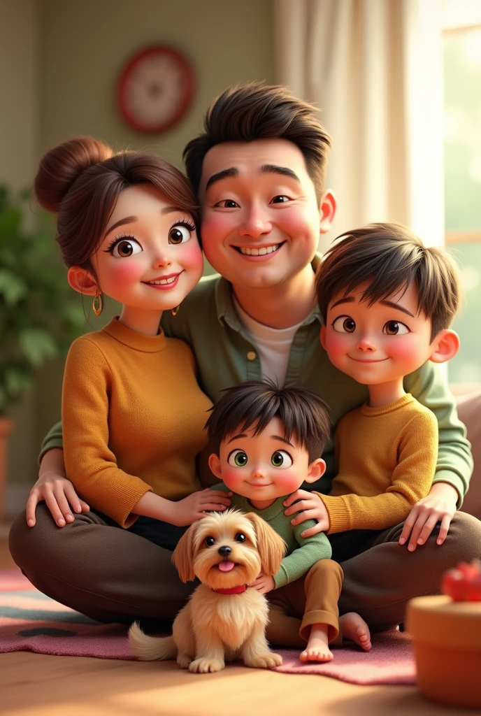 Generate pixar style image, from a family with a chubby mom, Brown eyes, brown hair with blondes and mane. A chubby dad with a bigger head, Voluminous eyebrows and very short hair. A slim  girl, light brown hair with long korean style hair. A  boy with green eyes and very short hair, of you clear. A  Yorkshire terrier dog.