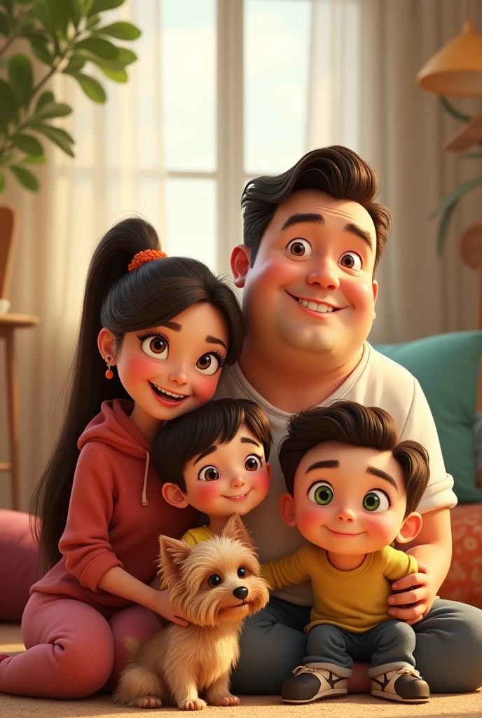 Generate pixar style image, from a family with a chubby mom, Brown eyes, brown hair with blondes and mane. A chubby dad with a bigger head, Voluminous eyebrows and very short hair. A slim girl, light brown hair with long korean style hair. A boy with green eyes and very short hair, of you clear. A Yorkshire terrier dog.