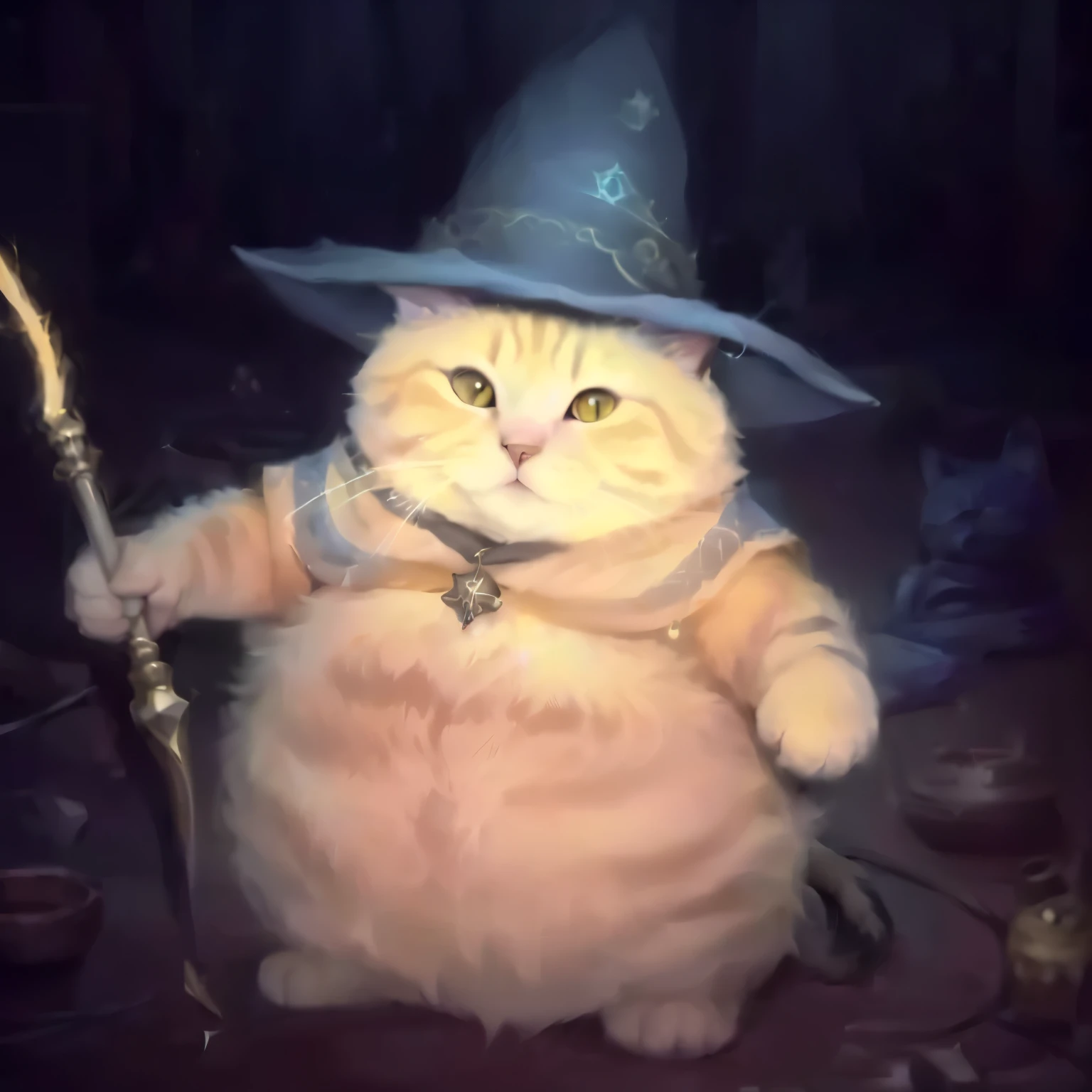 Pot-bellied cat sorcerer with a wand in his hand to cast spells, realistic cat wizard, yellow cat without clothes, cat with a magician&#39;s hat
