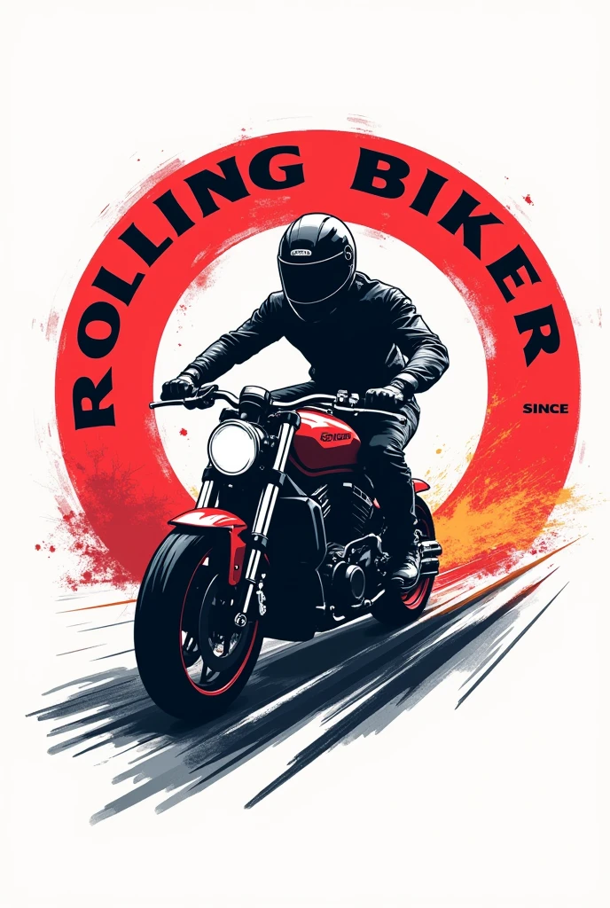 Logo circular, the background with red and white colors, In the center a sports biker and at the top say ROLLING BIKER and at the bottom say since 2024