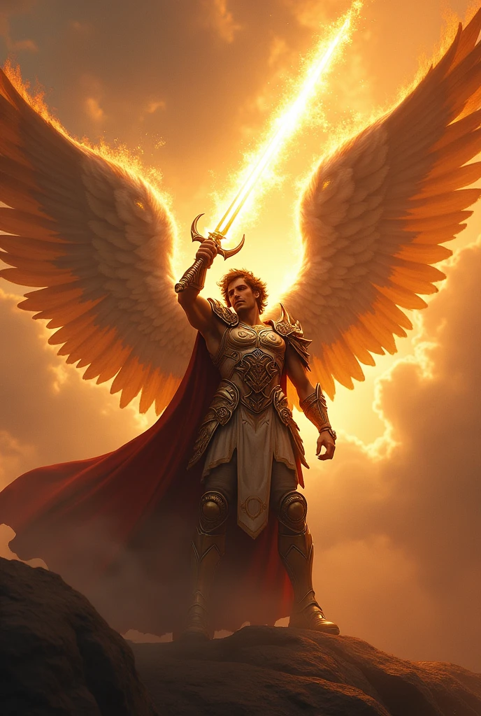 I want an epic image of the angel Michael holding his flaming sword