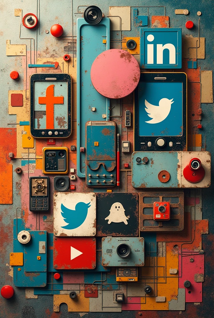 Make an image that looks like a collage of social media icons, cell phones. In an exaggerated way.