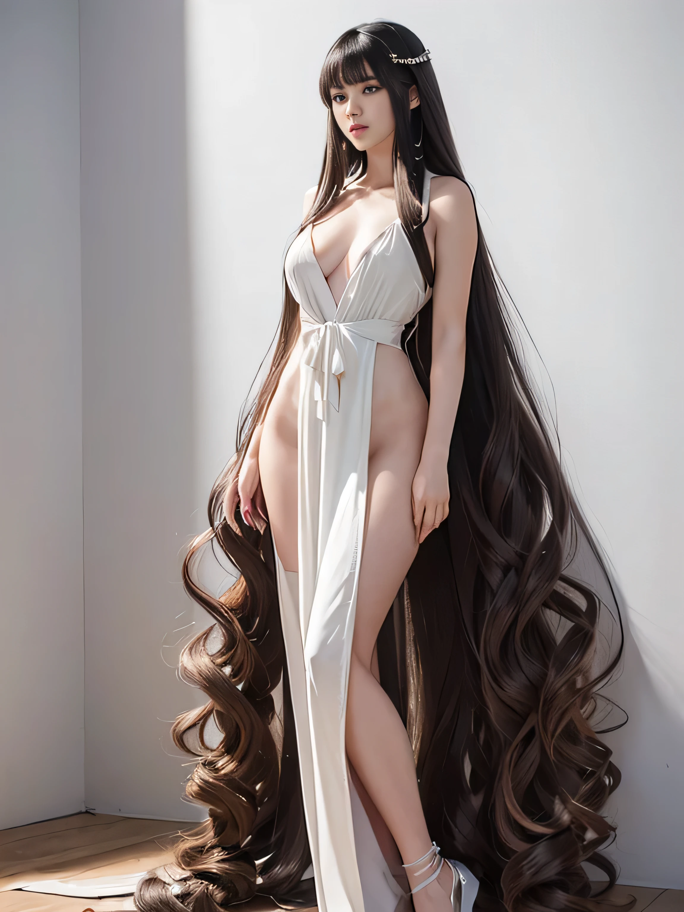 １woman　((Waist up shot:!!!))　(she is standing in front of a white wall、Pose to make your hair look as wide as possible:1.8)　(Large Breasts:2.0)　(She has a very happy smile:1.4)　((Highest quality)), ((masterpiece)), (Family Friendly), (Get used to it)　((She is colorful々Have a hairstyle))　((Her hair is very long!!!!! & Very fluffy curly hair:1.5))　(((Her hair color is the perfect light brown.......:1.8!!)))　(Her bangs are neatly trimmed、Straight down.:1.5)　(Highest qualityの　long hair to the ankles!!!!!　Highest quality　Hair quality with attention to detail　long hair to the ankles!!!!!、Very long lasting hair!!!!!　Flowing Hair　Her hair is very fluffy and curly.:1.5!!!　Very shiny and thick hair　Abnormally long hair that lasts forever!!!!!　Flowing Hair on both ends!!!!!　long hair to the ankles!!!!!　long hair to the ankles!!!!!　Thick and shiny hair　Very free hair　Abnormally long hair!!!!!　Beautiful silky hair　Beautiful and shiny hair　Beautiful and shiny hair　Beautiful silky hair　long hair to the ankles!!!!!　Very long hair!!!!!　Very long hair!!!!!)　(Highest quality　The best ultra-fine　long hair to the ankles!!!!!、Very long hair that lasts forever　Flowing Hair　Very shiny and thick hair　Abnormally long hair that lasts forever!!!!!　Flowing Hair on both ends　long hair to the ankles!!!!!　Thick and shiny hair　Very free hair　Abnormally long hair!!!!!　Beautiful silky hair　long hair to the ankles!!!!!　Beautiful and shiny hair　Beautiful silky hair　long hair to the ankles!!!!!　Very very, Very long hair!!!!!　Very very, Very long hair!!!!!)　(She is Japan&#39;s most beautiful 2 hair model.。...............)　Perfect woman&#39;face　(Her face shape is thinner than average:1.8)　(Her eyes are larger than average:1.8　Her nose is higher than average:1.8)　(She has a typical Japanese build and skin color..., Her skin is very high quality and ultra high definition.、very beautiful and glowing skin)　(Her face is dignified and sexy)（She achieved her sexy look with the help of a professional makeup artist.。...　Lipstick is bright red!!!　The eyeliner is a beautiful black)　(She has a typical Japanese build and skin color　Her skin is very delicate and sensitive..、and、Such beautiful and radiant skin)　((Rich 1.4))　(Extremely detailed 8K)　(Ultra-fine skin texture 1.4)　(current, Vibrant:1.4), 　Sharp focus:1.2、Beautiful woman:1.4　Dynamic Lighting　(Genuine RAW photos taken by professional photographers)　(Surreal photos by professional photographers :1.2)