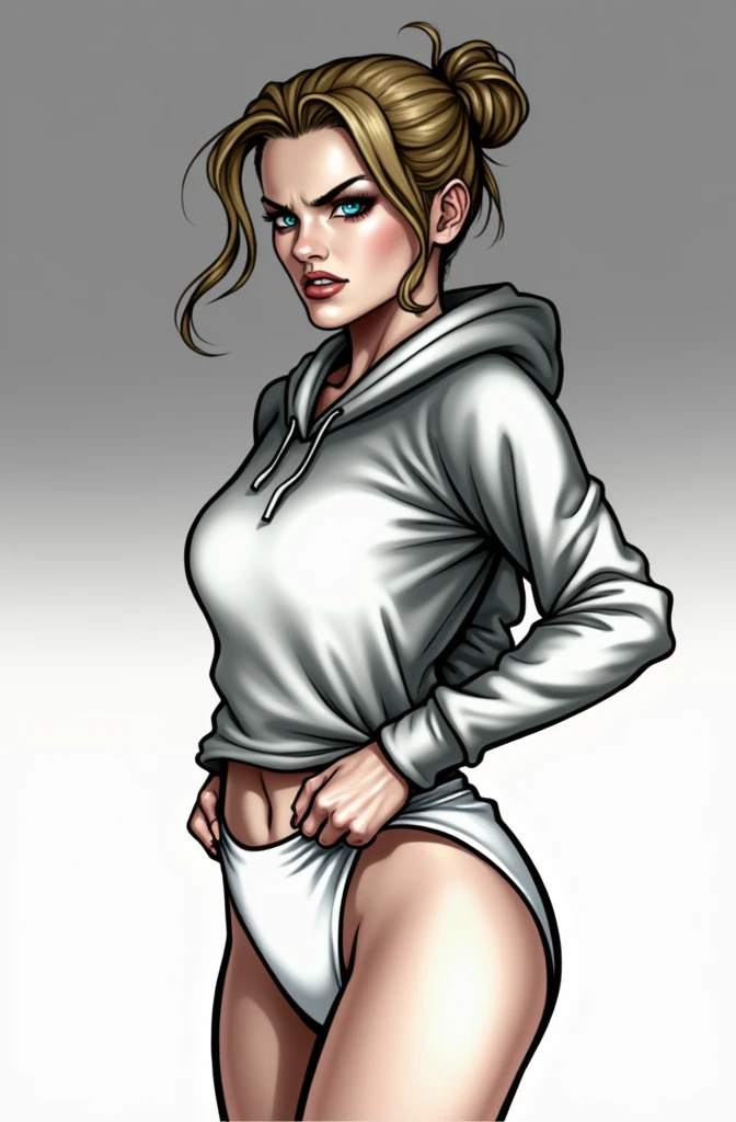 (masterpiece, best quality)), ((((perfect anatomy)))), Caucasian woman with tied blonde hair-bun, dark eye-shadow, downward curved nose, vibrant blue eyes, grey hoodie, tugging at (((white high cut cotton panties))), big hips, angry expression, walking around soldier barracks, (((comic book art style)))