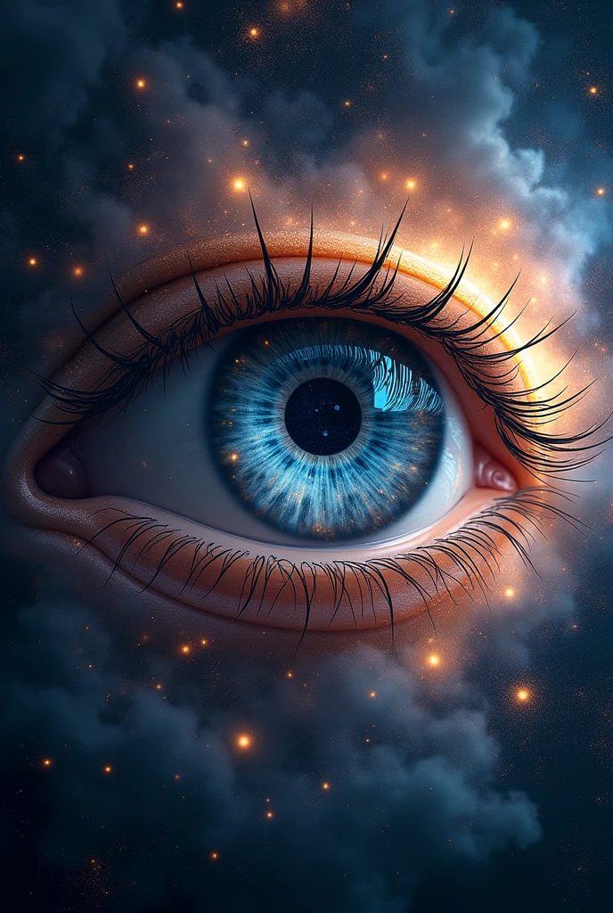 An eye with a galaxy of stars as it's pupil and falling stars as it's iris 