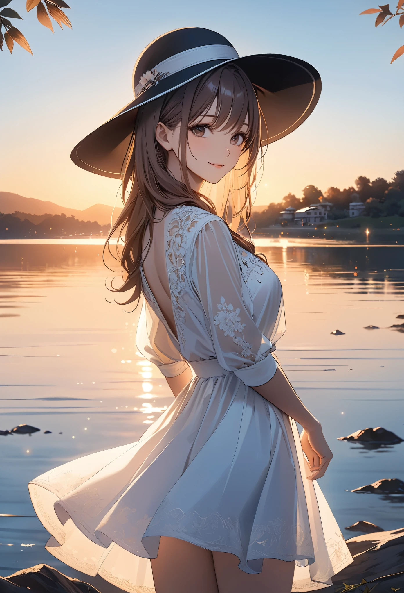 smile,hat,perfect anatomy,lakeside,sunset,cinematic lighting,(masterpiece,8k,Professional,perfect composition,very aesthetic,absurdres,ultra-detailed,intricate details:1.2),perfect proportion,hand