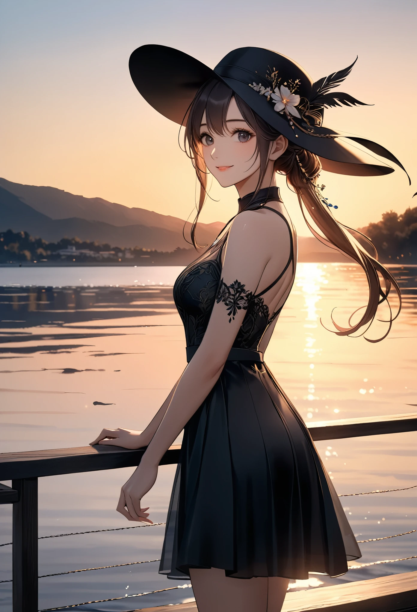 smile,hat,perfect anatomy,lakeside,sunset,cinematic lighting,(masterpiece,8k,Professional,perfect composition,very aesthetic,absurdres,ultra-detailed,intricate details:1.2),perfect proportion,hand