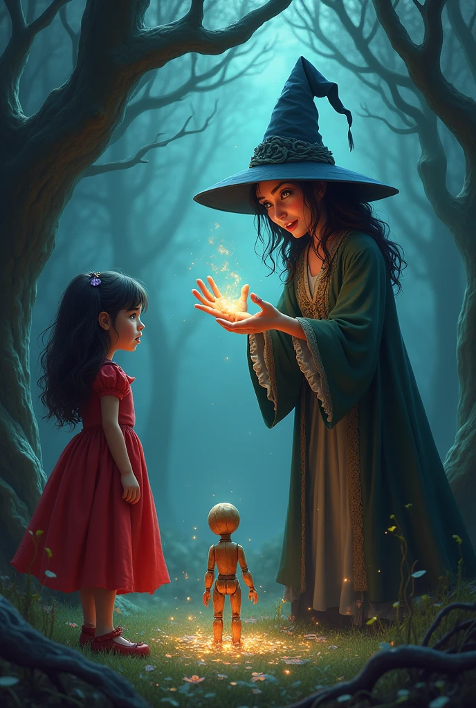 Girl in red dress watches as witch casts a spell on a child turning him into a small wooden doll.