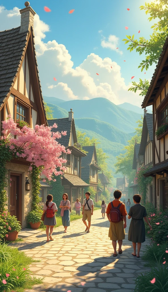 The village in early spring, the snow melting and flowers beginning to bloom. With people walking around in a happy atmosphere. some talking to each other.