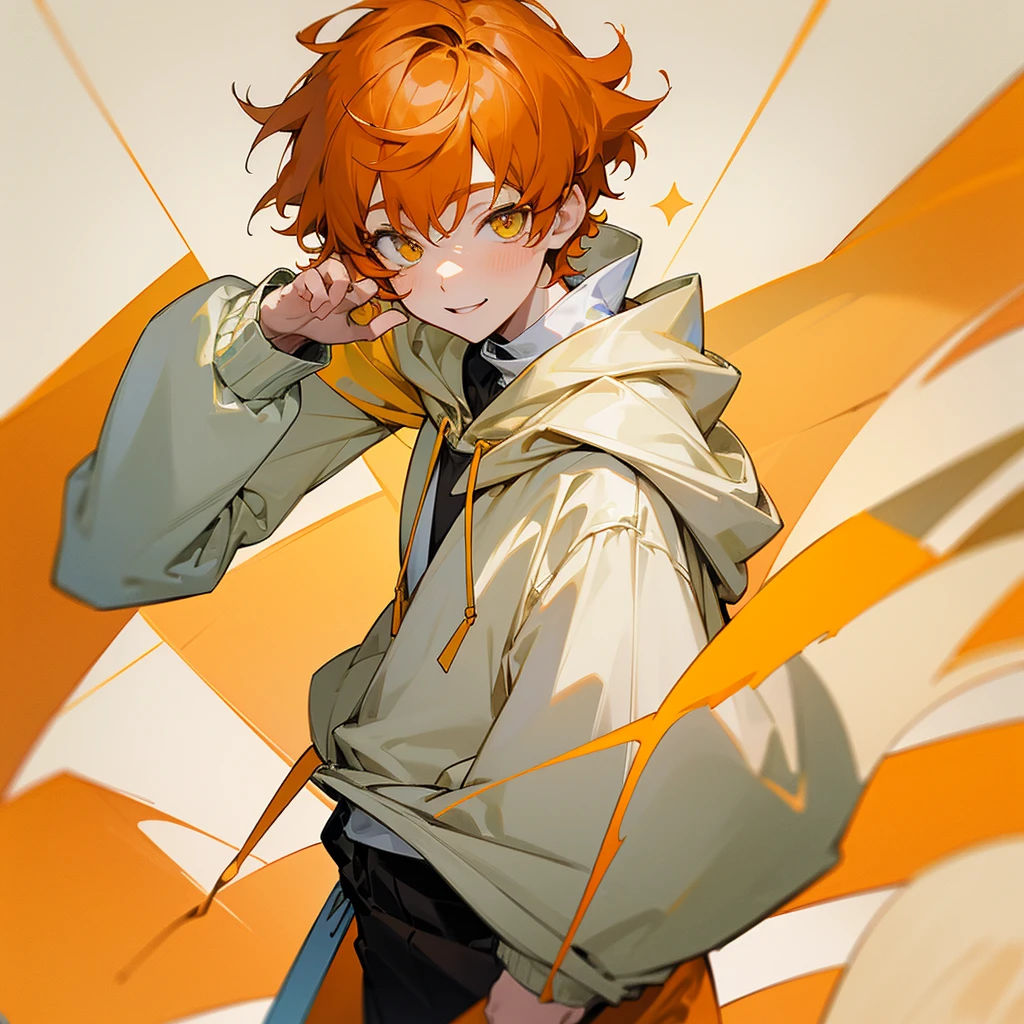 1boy, white skin, yellow eyes, orange hair, ginger hair, cute, pastel yellow oversized hoodie, boy, short curly hair, cute, half body, short boy, bangs, innocent
Alta resolução, smile,