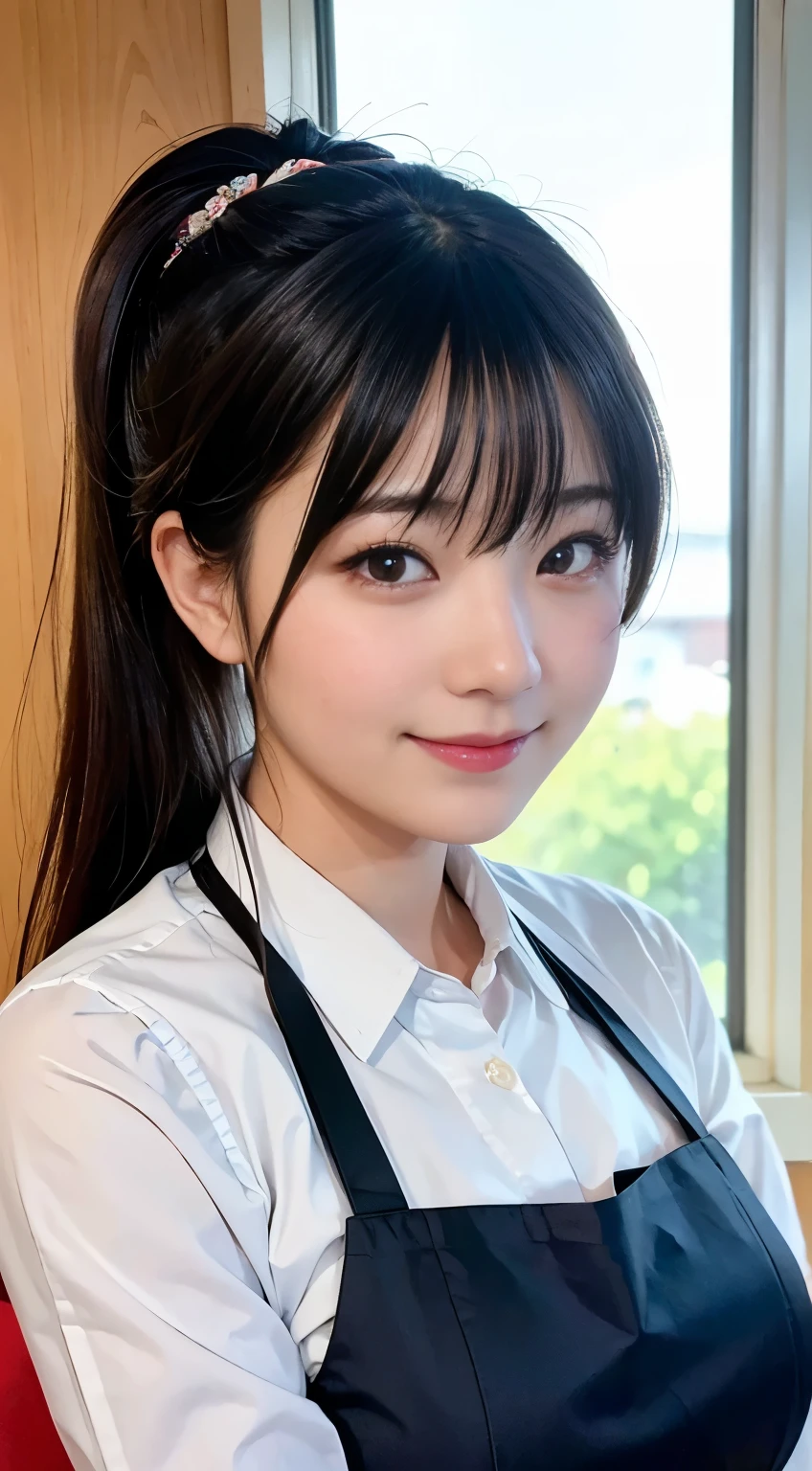 (Highest quality,masterpiece:1.3,Ultra-high resolution,),(Very detailedな,Caustics),(Photorealistic:1.4,RAW shooting,)Ultra-Realistic Capture,Very detailed,High resolution 16K human skin closeup。 Natural skin texture、,Pores、、、、It must be detailed enough to be easily identifiable。 Skin tone is even and healthy looking。 Use natural light and colour,restaurant,Waitress Uniform,1 girl,Japanese,1,cute,Black-haired,ponytail,Big Breasts,smile,Turn your body forward,(Front view:1.1),Looking at the camera,Cowboy Shot,