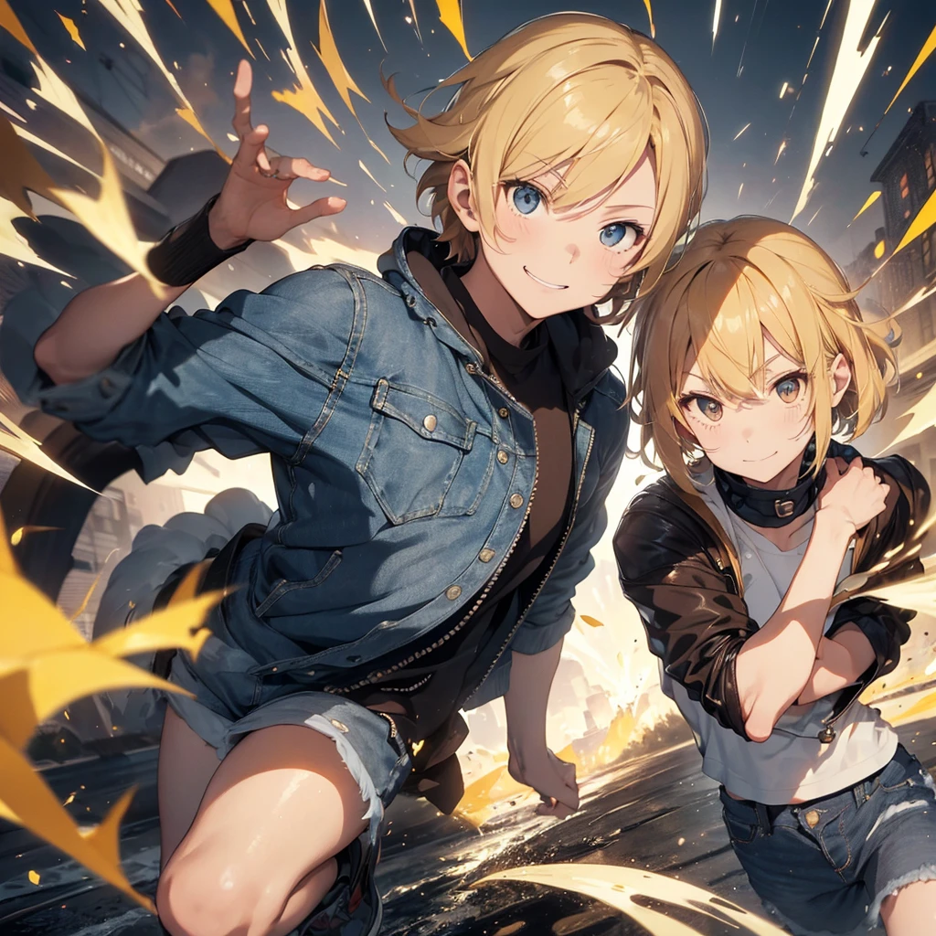 short hair, blond hair, Love, necessary, The best quality, anime, masculine, adolescent, straight hair, smile, presumed, simple background, Brown cropped leather jacket with blue polar fur on the hood, baggy jeans, brown sneakers, Yellow energy knife in one of his hands, yellow energy particles around one of his hands, anatomically correct,